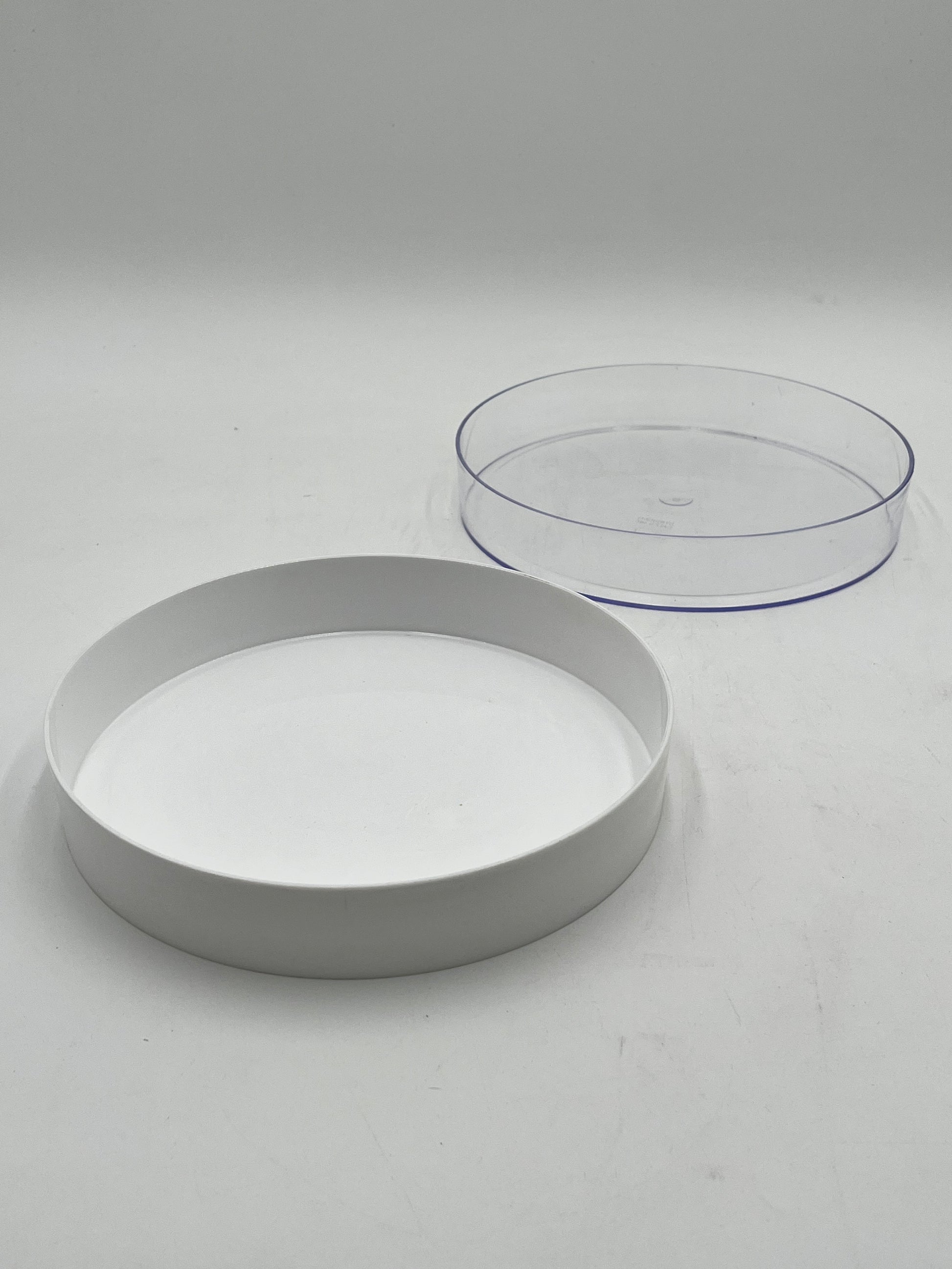 9” round floral tray,1.5” deep in white & clear. Durable, stylish, ideal for events, perfect for foam-based fresh or artificial flowers. Sold by floralsuppliespoint1.com
