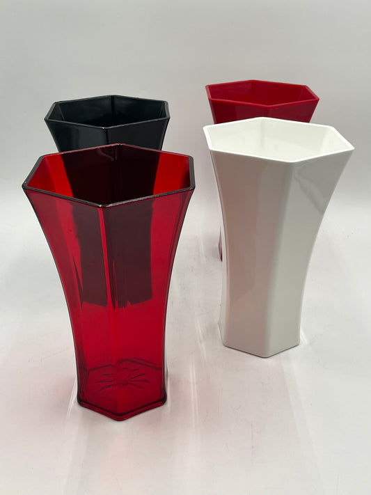 Hexa-vessel Collection plastic containers in red-clear, black, white & red. Stylish floral holders for décor or events, sold by floralsuppliespoint1.com for 9.99 each