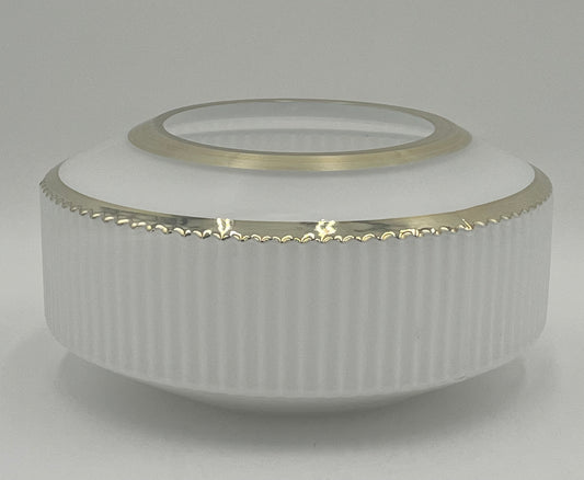 The Orlena 5 x 5.5 Op by Floral Supplies Point is a white, round ribbed glass bowl with gold-trimmed rim, featuring a wide opening and timeless charm, displayed on a plain white background.