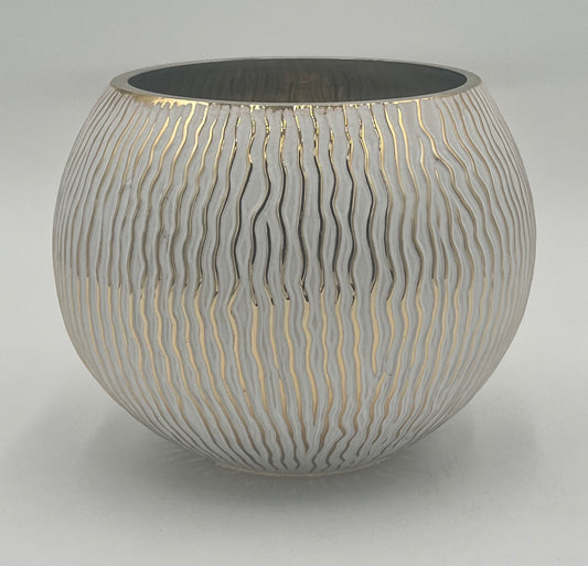 The Lunara Orb 6x5 Op by Floral Supplies Point is a round white ceramic vase with a glossy finish and wavy gold vertical lines, featuring a wide opening and smooth, modern design—perfect as a sculptural décor accent.