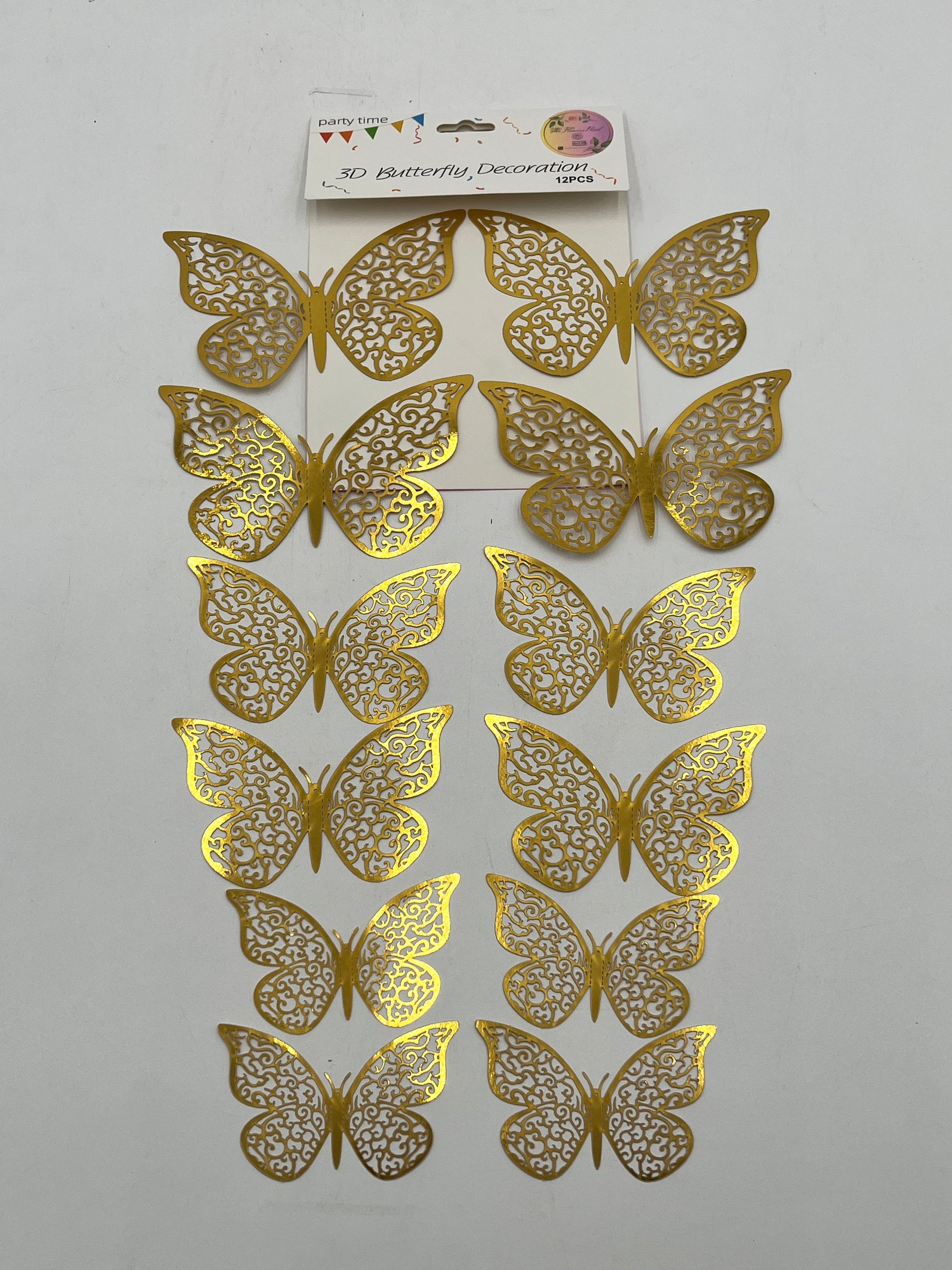 Lace Wings Gold 3D Butterfly Decoration, 12 pcs for weddings, floral, party, and cake décor. Retail & wholesale by floralsuppliespoint1.com.