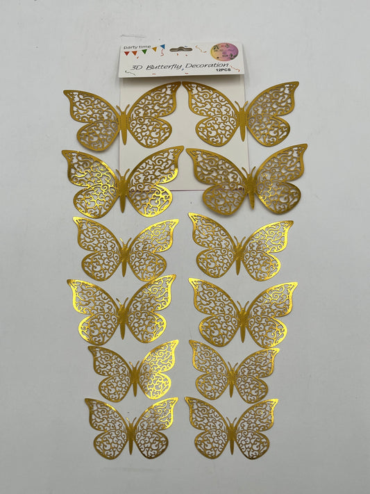 Lace Wings Gold 3D Butterfly Decoration, 12 pcs for weddings, floral, party, and cake décor. Retail & wholesale by floralsuppliespoint1.com.