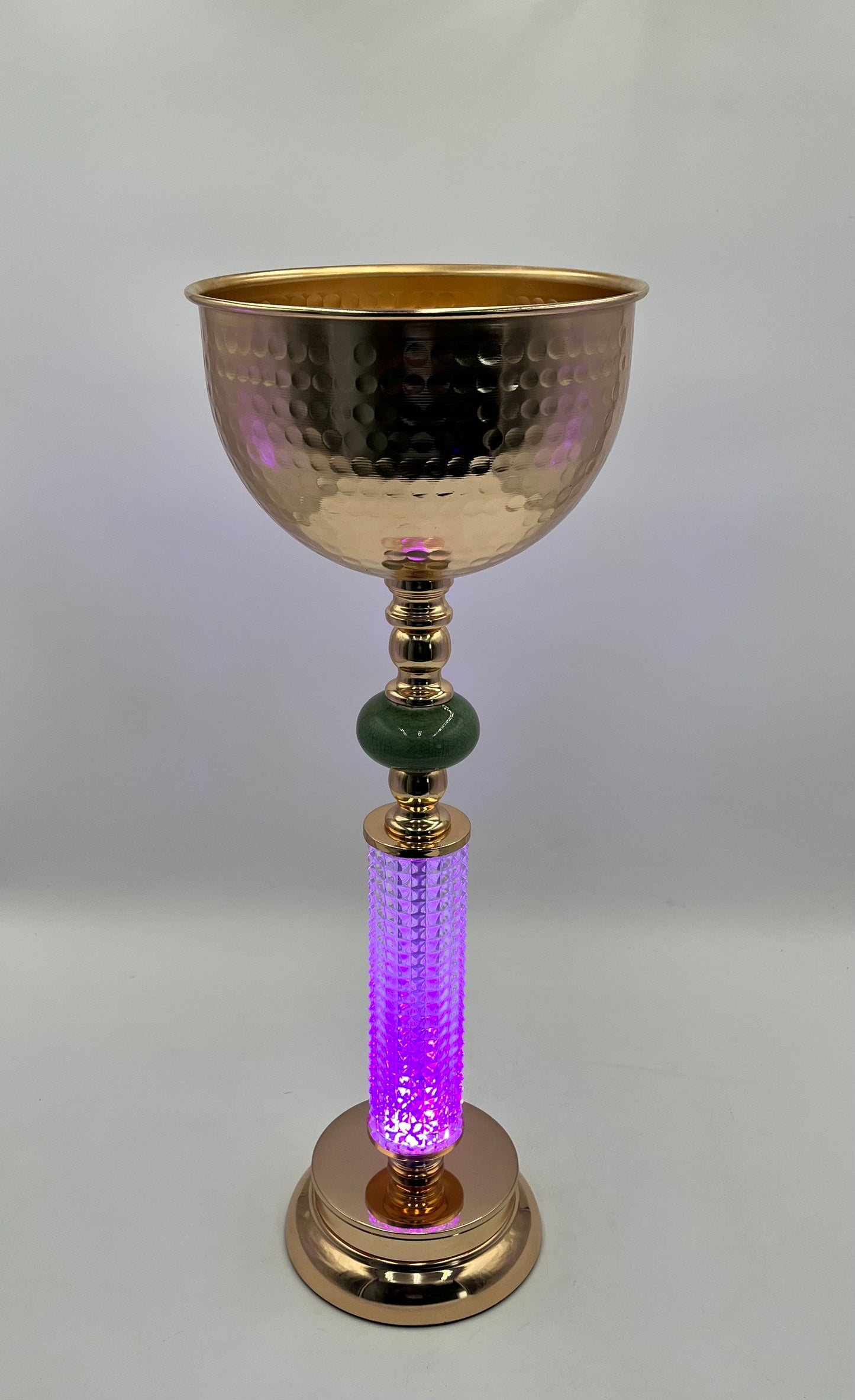 LuxeGlow Chalice Vase Set with USB color-changing lights in R, G, B, Y, Aq, P, W. Includes 2 hammered metal vases with jade accents, sold by floralsuppliespoint1.com.