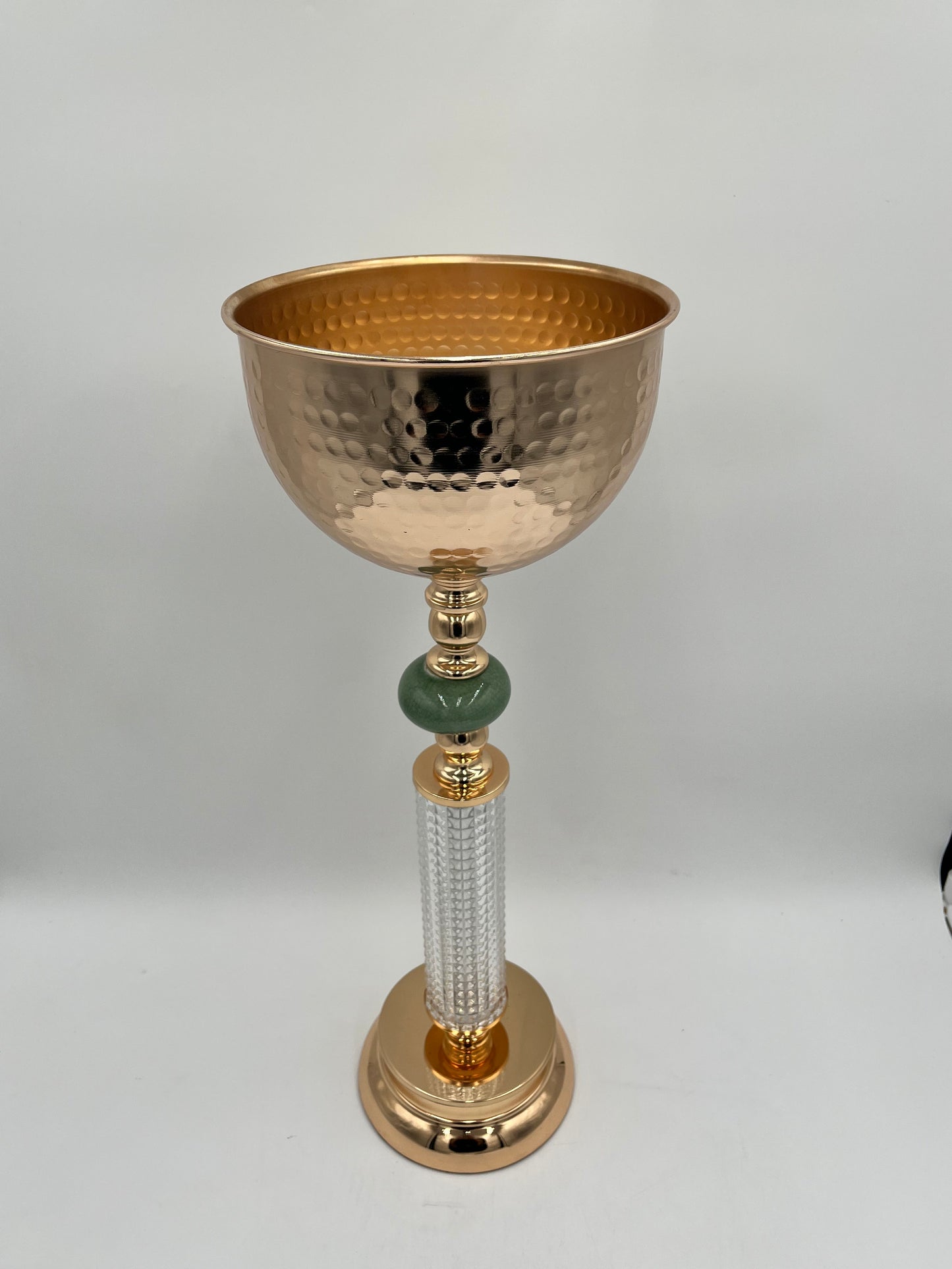 LuxeGlow Chalice Vase Set with USB color-changing lights in R, G, B, Y, Aq, P, W. Includes 2 hammered metal vases with jade accents, sold by floralsuppliespoint1.com.