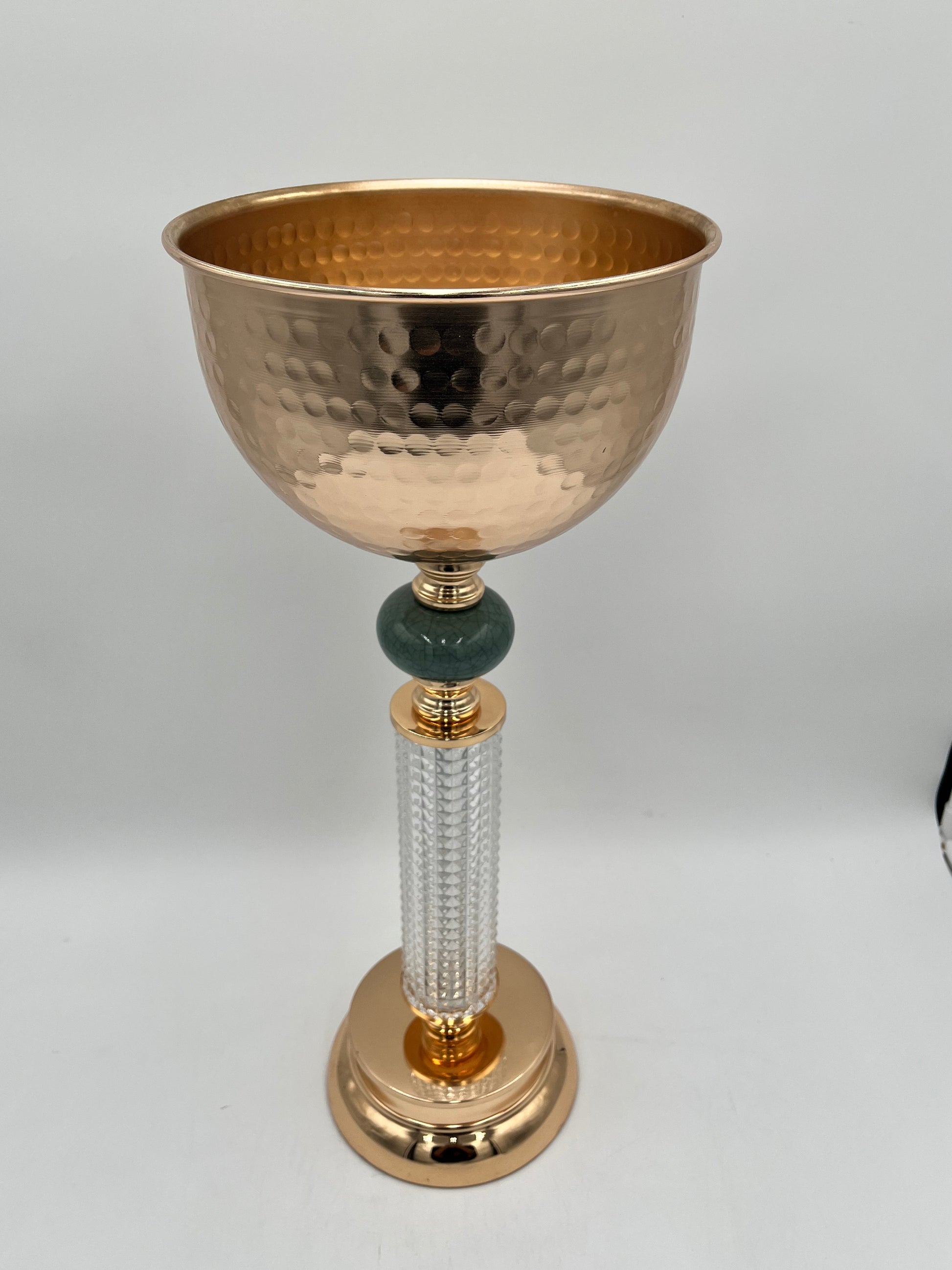 LuxeGlow Chalice Vase Set with USB color-changing lights in R, G, B, Y, Aq, P, W. Includes 2 hammered metal vases with jade accents, sold by floralsuppliespoint1.com.