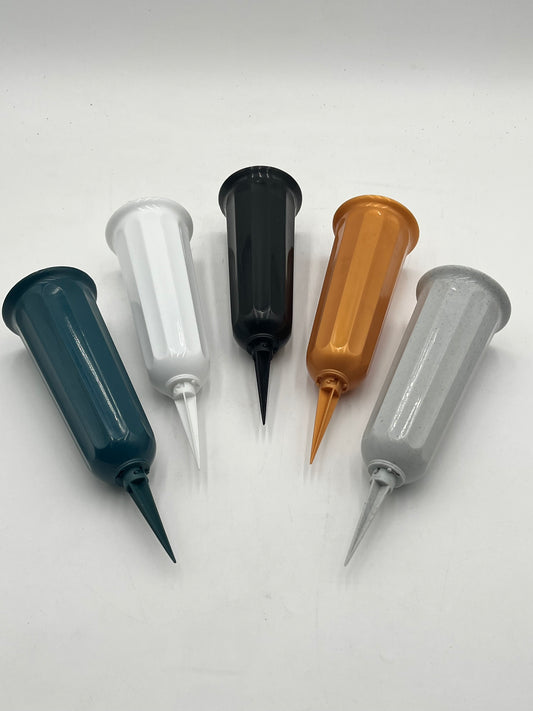 Cemetery flower holders with ground spikes in green, white, black, gold & grey. Durable outdoor vases sold by floralsuppliespoint1.com