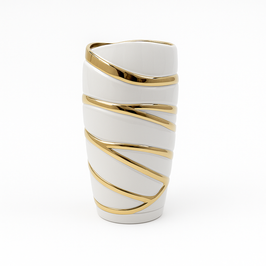 Mistic G 10 x 3 ceramic white vase with gold swirls sold for $15.99 by floralsuppliespoint1.com