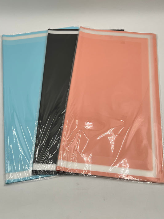 Elegant floral wraps with bold white trim. The Opaline Edge Set includes Baby Blue, Black & Peach, 22x22", 20 sheets. Sold by floralsuppliespoint1.com for $9.99