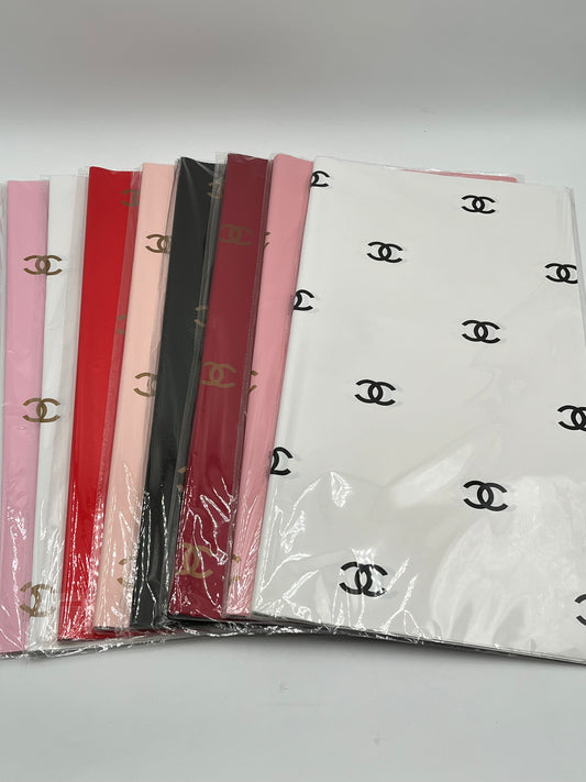 Paris Luxe CC Collection– 8 luxury colors in designer-inspired wrapping papers with gold & black logos. 20 sheet pack for $9.99 each by floralsuppliespoint1.com