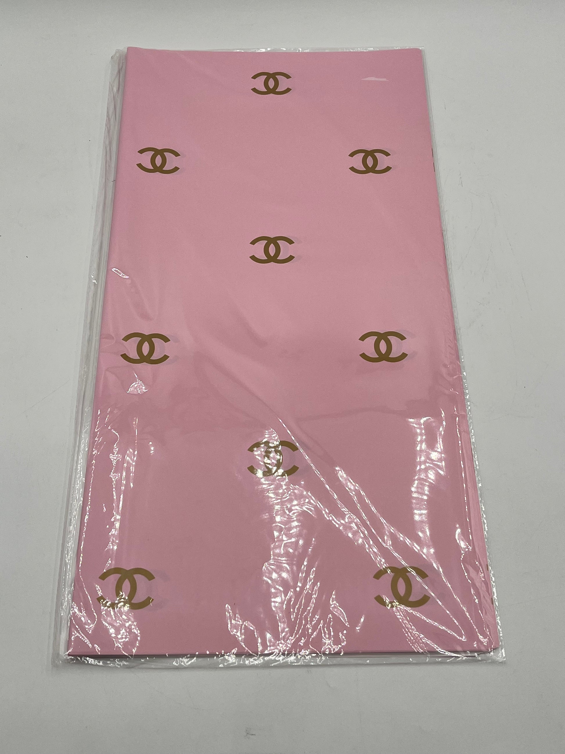 Paris Luxe CC Collection– in pink, designer-inspired wrapping papers with gold & black logos. 20 sheet pack for $9.99 each by floralsuppliespoint1.com