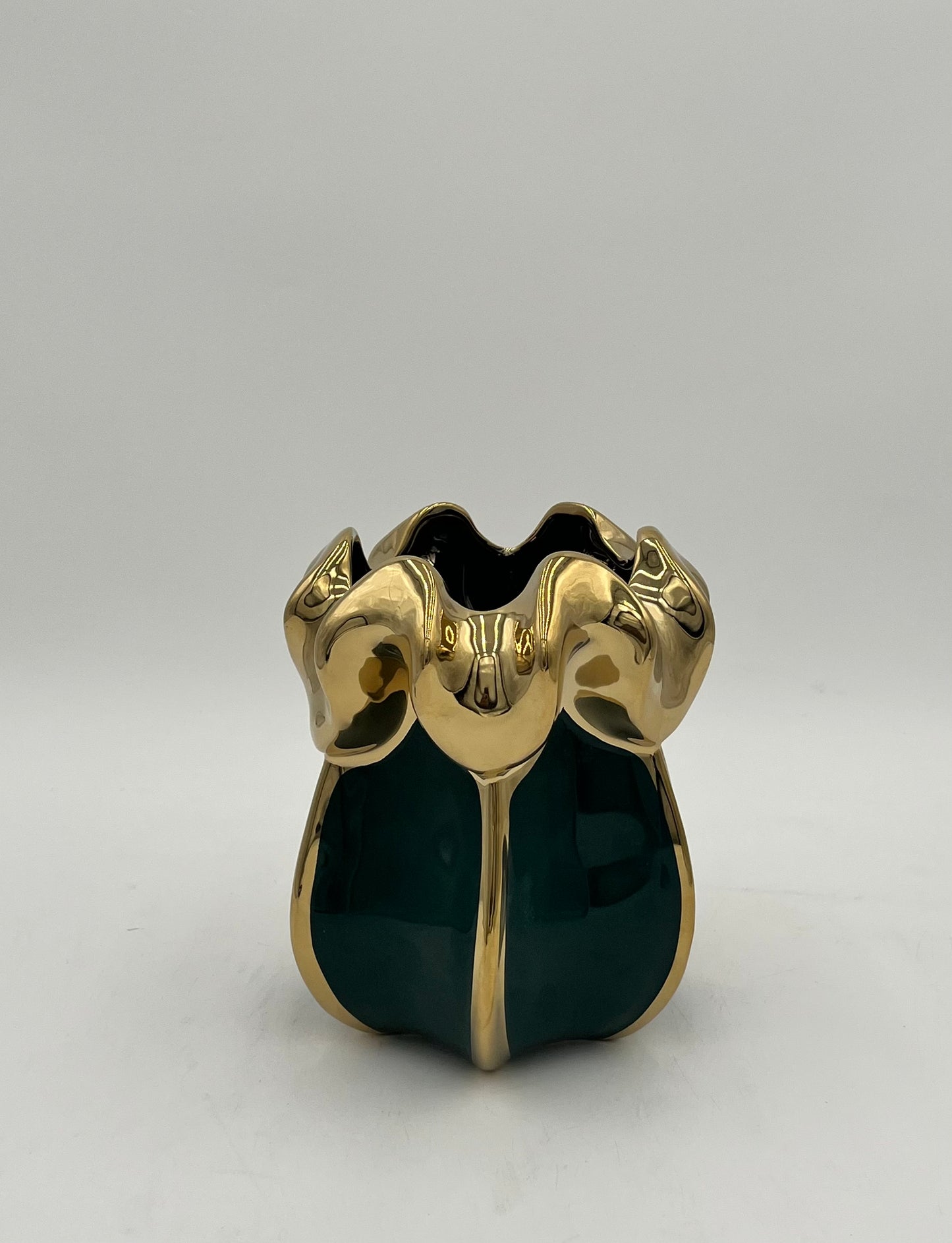 Petal Crest ceramic vases in green with gold accents. Elegant floral décor pieces sold by floralsuppliespoint1.com.