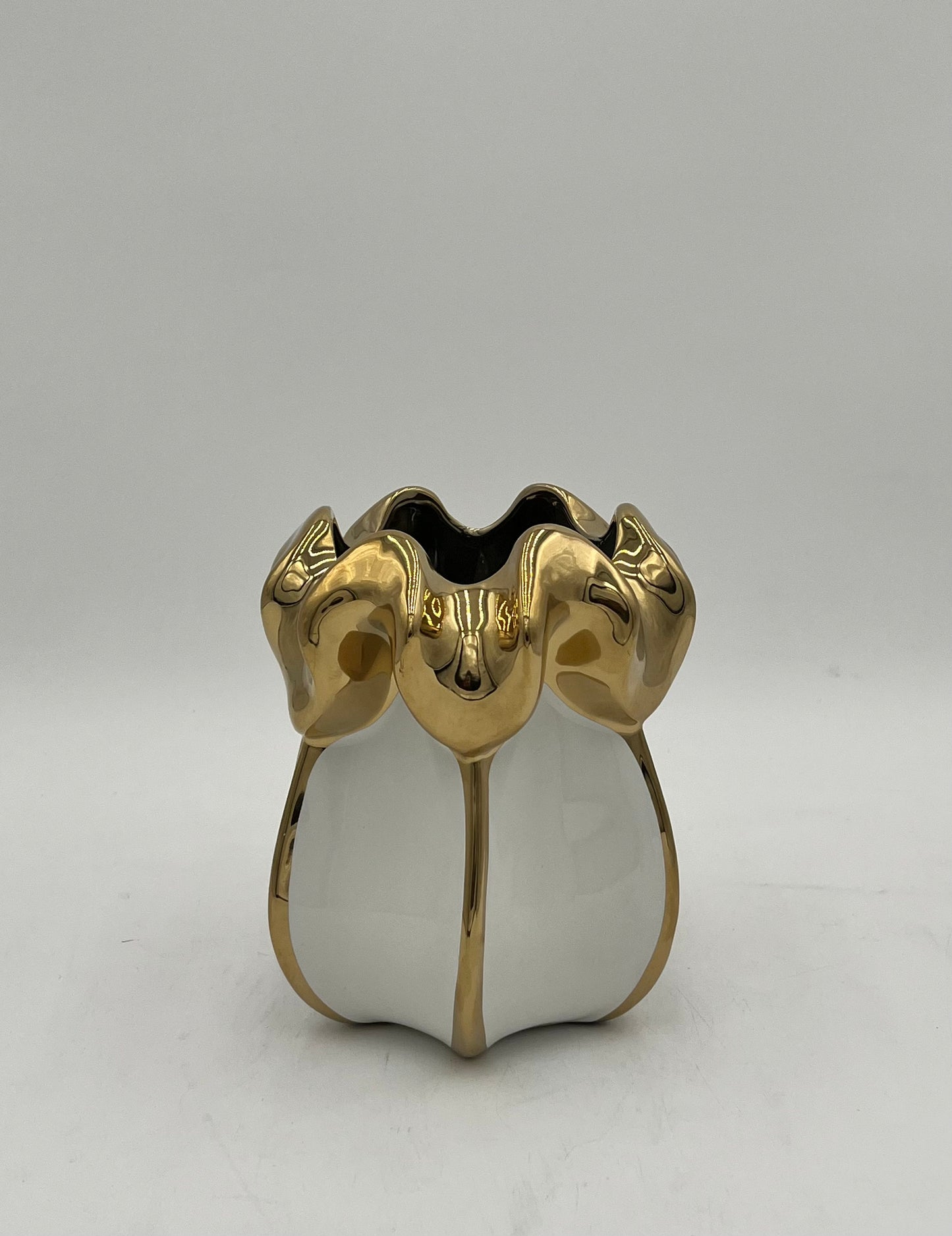 Petal Crest ceramic vase in white with gold accents. Elegant floral décor pieces sold by floralsuppliespoint1.com.