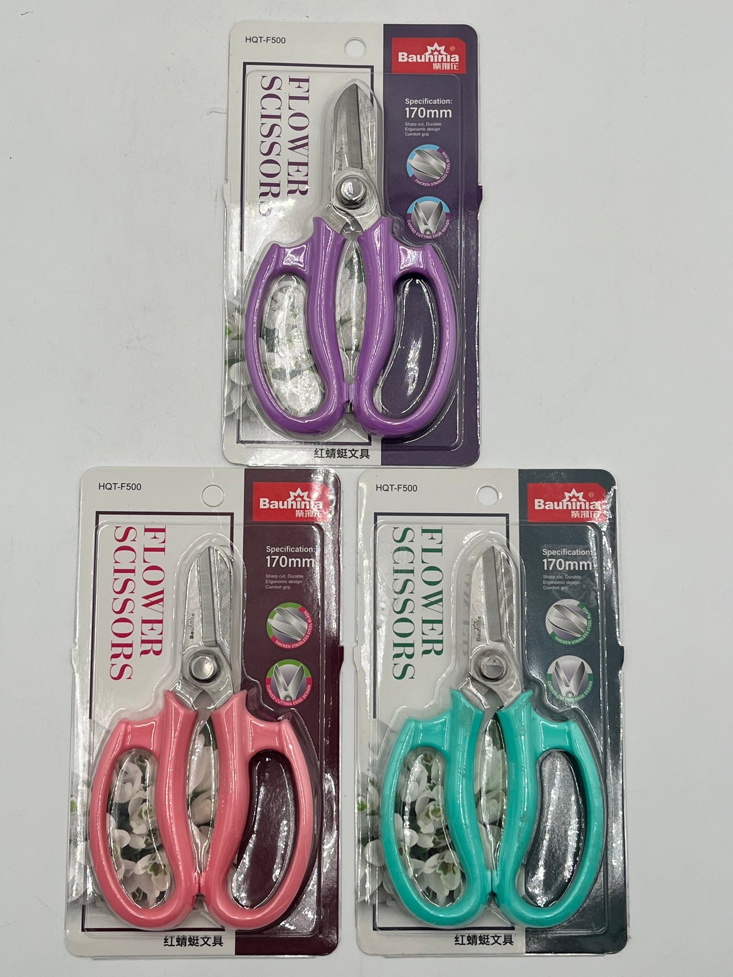 Precision Floral Scissors 170mm with stainless steel blades, 3 handle colors available:purple, pink or teal. Sold for $7.99 each by floralsuppliespoint1.com.