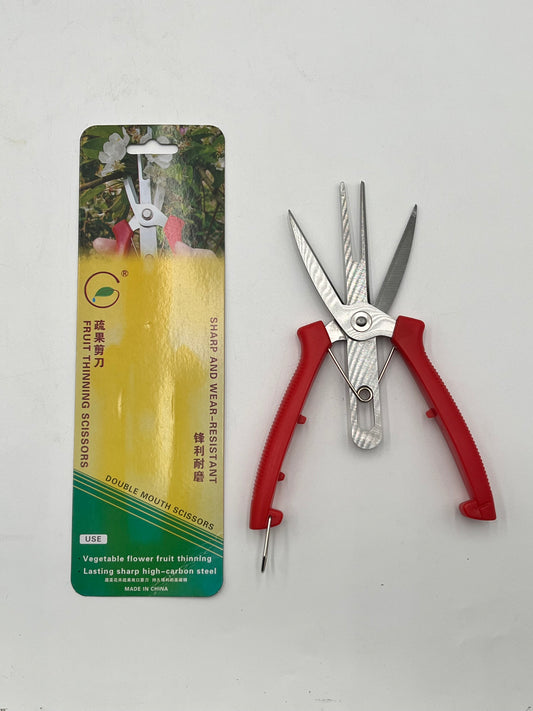 Professional Double Mouth Thinning Scissor w/red handle, light weight, high-carbon steel blades & locking mechanism, sold for $7.99 by floralsuppliespoint1.com.