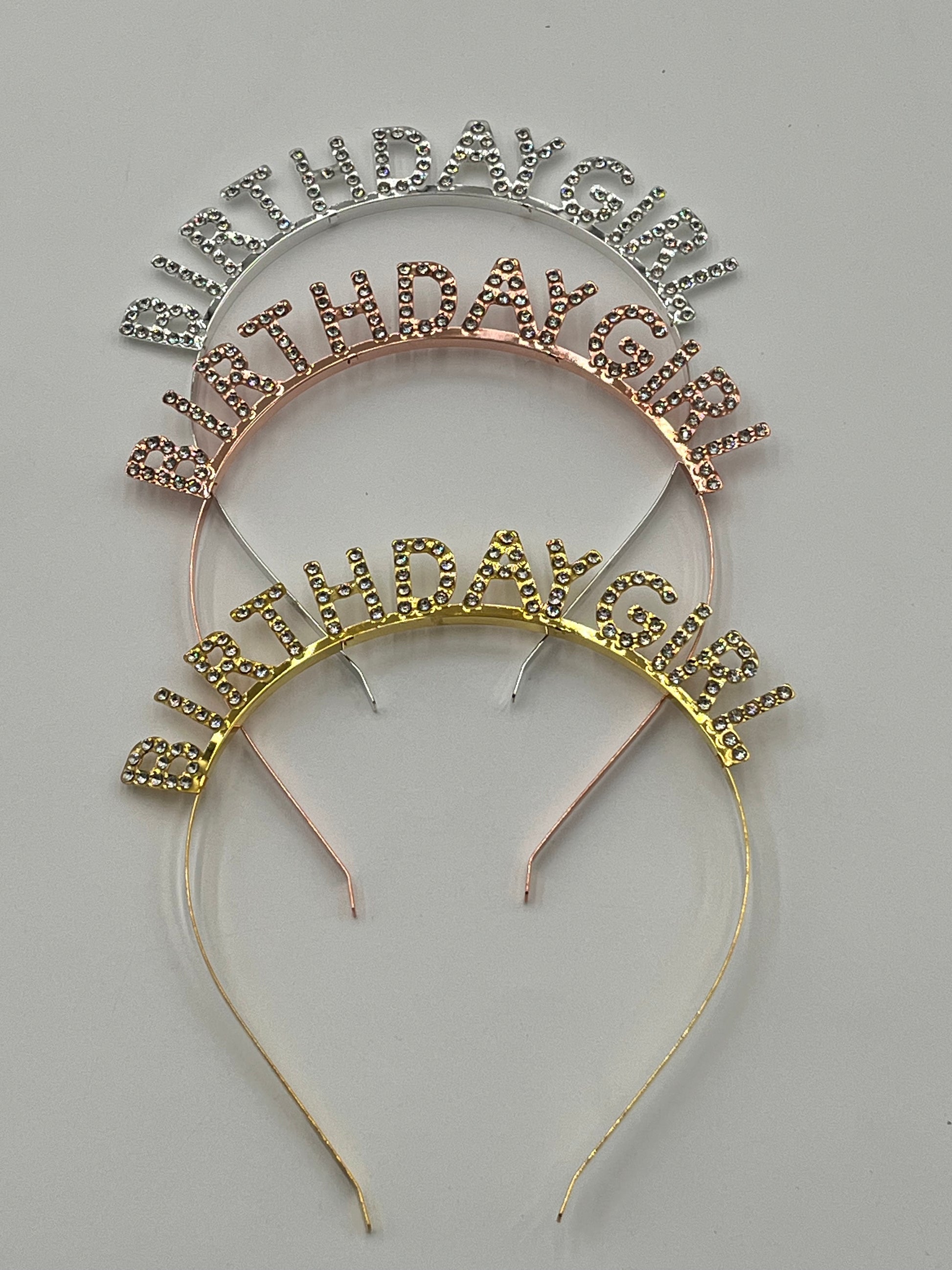 Rhinestone “Birthday Girl” Headband in gold, rose gold & silver, sold retail & wholesale by floralsuppliespoint1.com. Ideal for parties & birthdays.