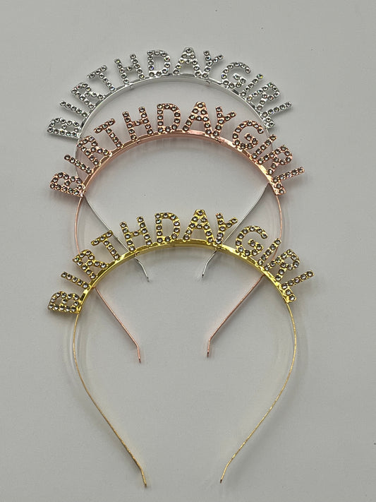 Rhinestone “Birthday Girl” Headband in gold, rose gold & silver, sold retail & wholesale by floralsuppliespoint1.com. Ideal for parties & birthdays.