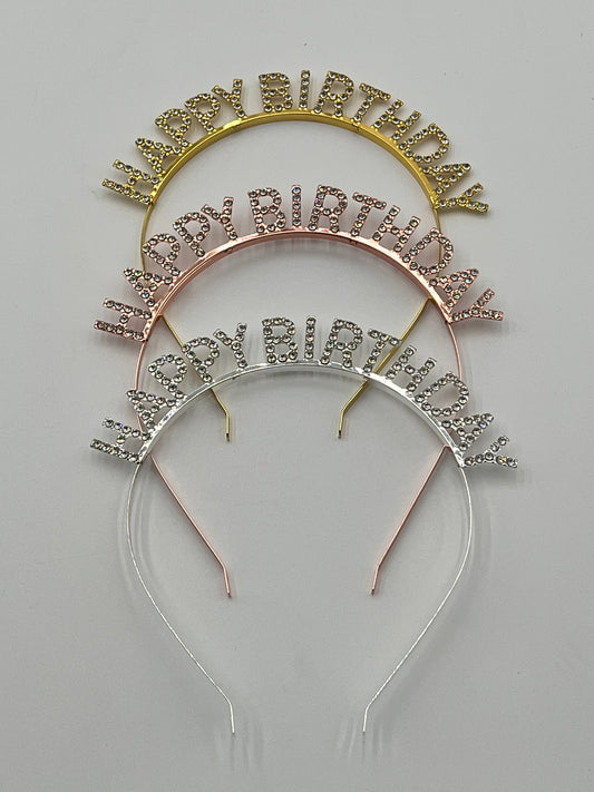 Rhinestone Happy Birthday headbands in gold, rose gold, and silver – sold by floralsuppliespoint1.com