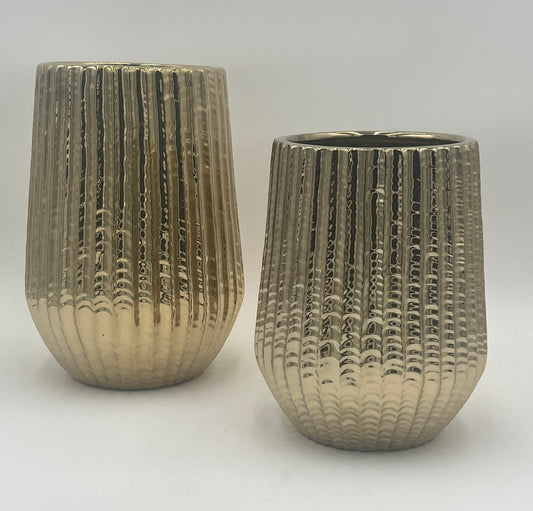 Solonique ceramic vases with gold metallic ribbed finish. Elegant modern décor for floral displays sold by floralsuppliespoint1.com.