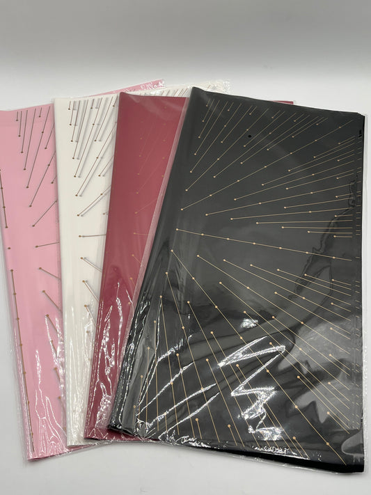 
Starlight Burst floral wrapping paper with gold burst accents, available in 4 colors, 22x22", 20 per pack for $9.99. Available @ floralsuppliespoint1.com