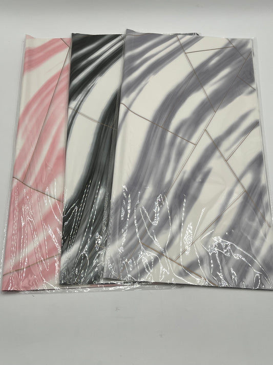 Wrapping sheets in Pink, Black & Gray marble swirl designs, 22x22 inch (20 sheets). Sold by floralsuppliespoint1.com for $9.99