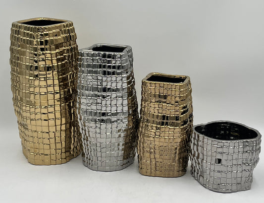 Tesserae Matrix ceramic vases in gold and silver with textured mosaic design. Modern luxury décor for floral arrangements sold by floralsuppliespoint1.com.