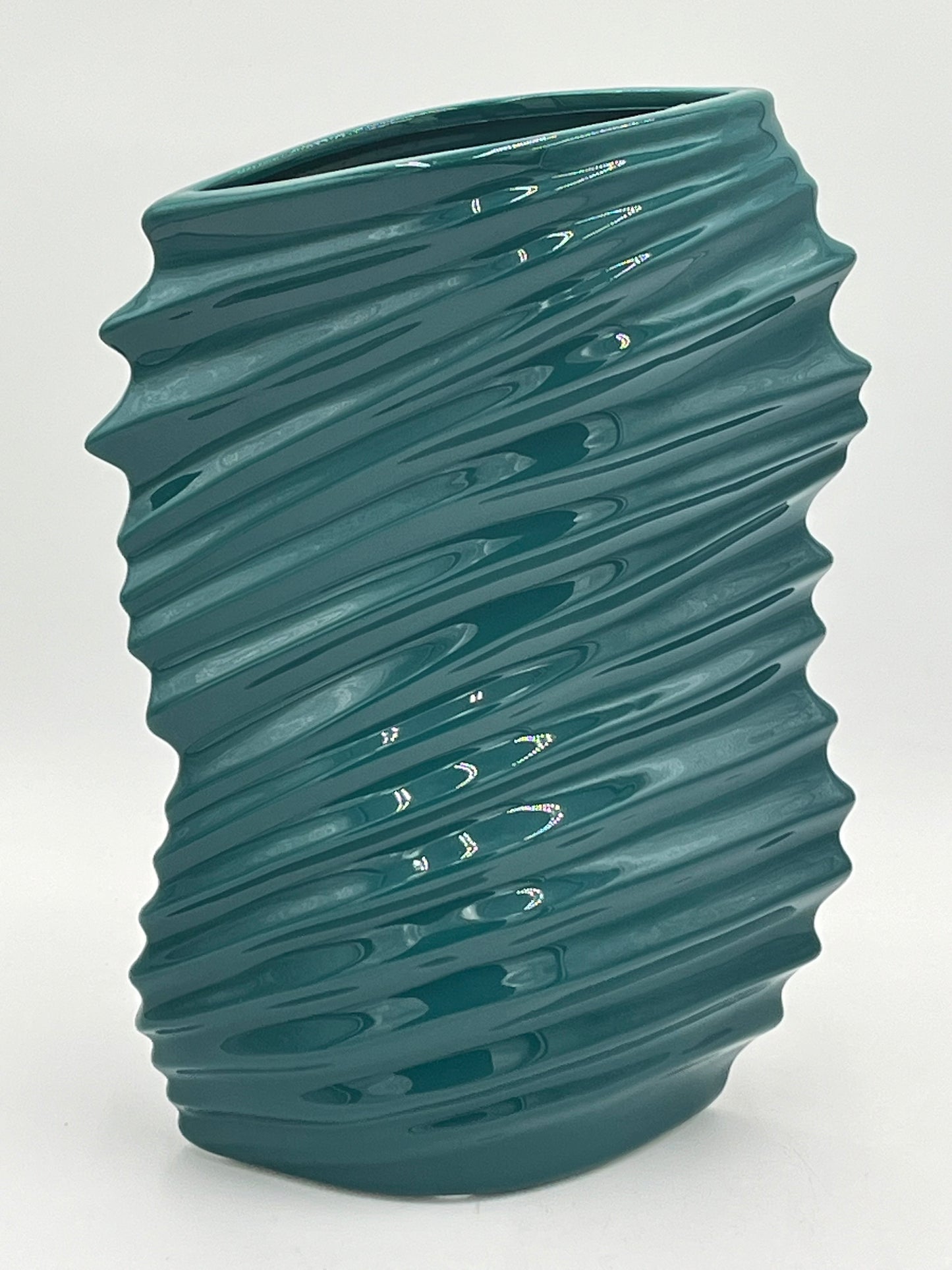Tidal Crest ceramic vases in deep teal with wave-textured design, sold by floralsuppliespoint1.com. 12" tall, 6" opening, 3 lbs —ideal for contemporary floral displays.