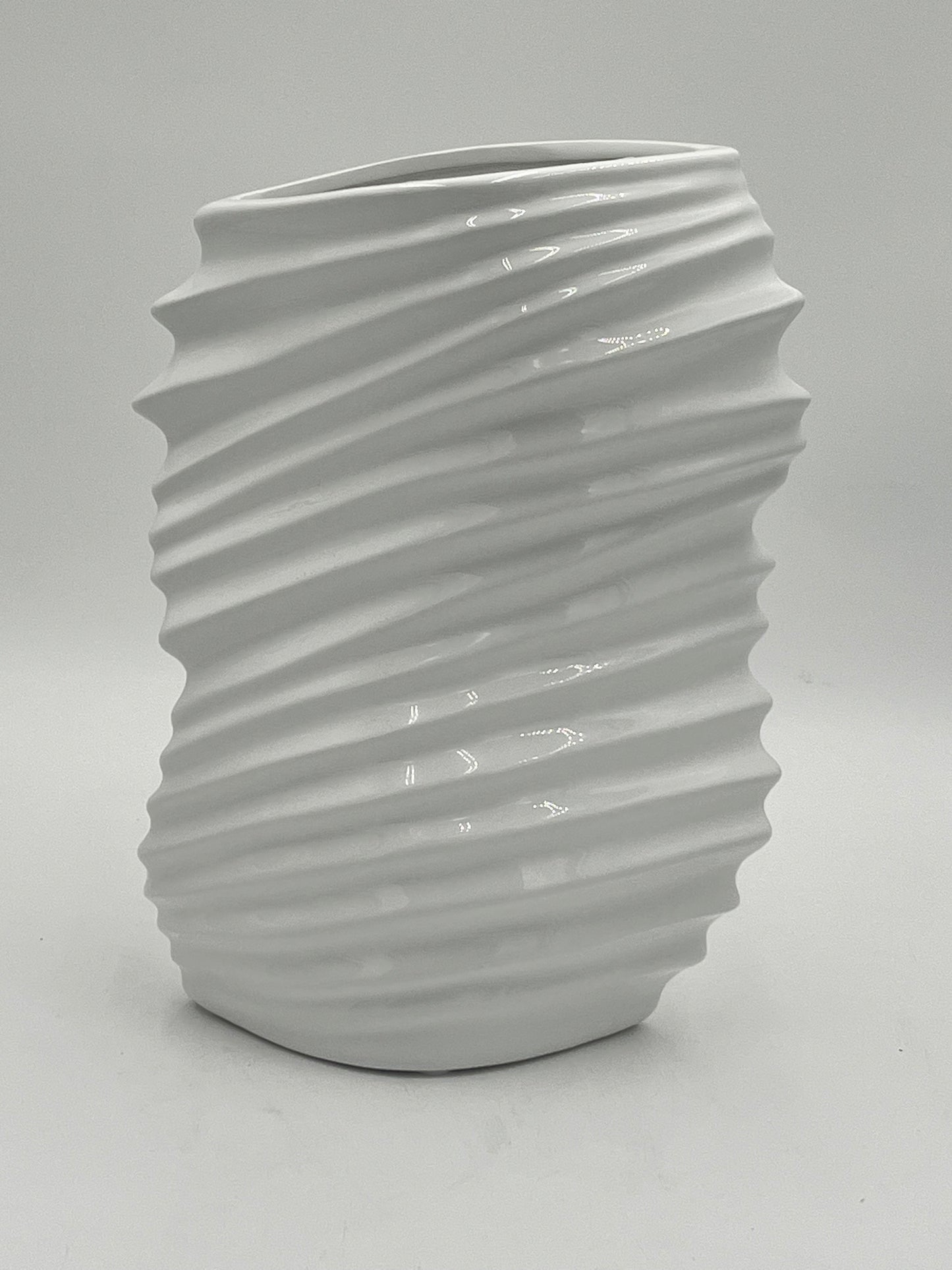 Tidal Crest ceramic vases in gloss white with wave-textured design, sold by floralsuppliespoint1.com. 12" tall, 6" opening, 3 lbs —ideal for contemporary floral displays.