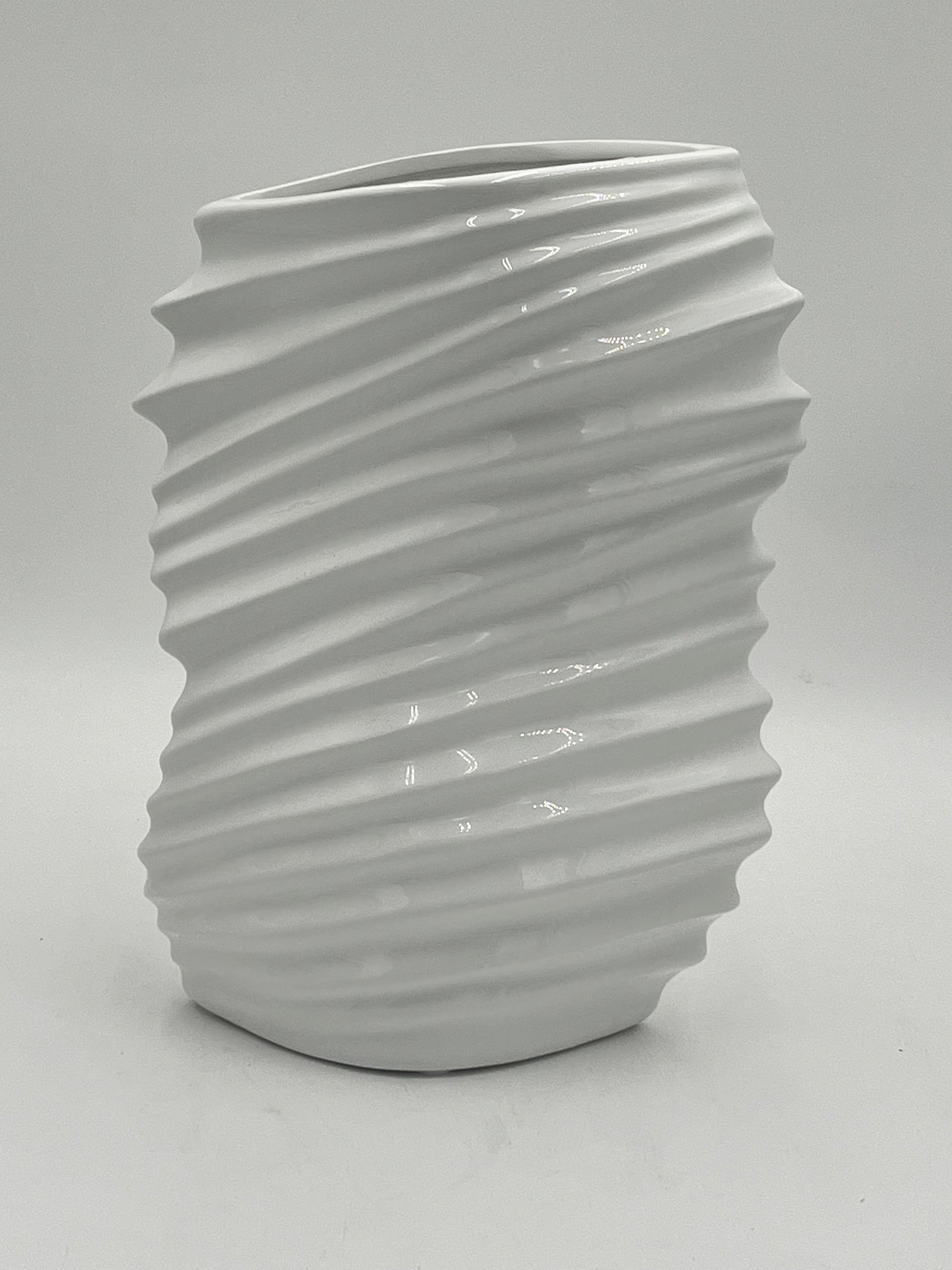 Tidal Crest ceramic vases in gloss white with wave-textured design, sold by floralsuppliespoint1.com. 12" tall, 6" opening, 3 lbs —ideal for contemporary floral displays.