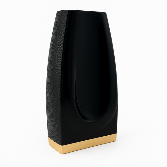 A modern, glossy black glass vase with textured sides and a gold base sold by floralsuppliespoint1.com
