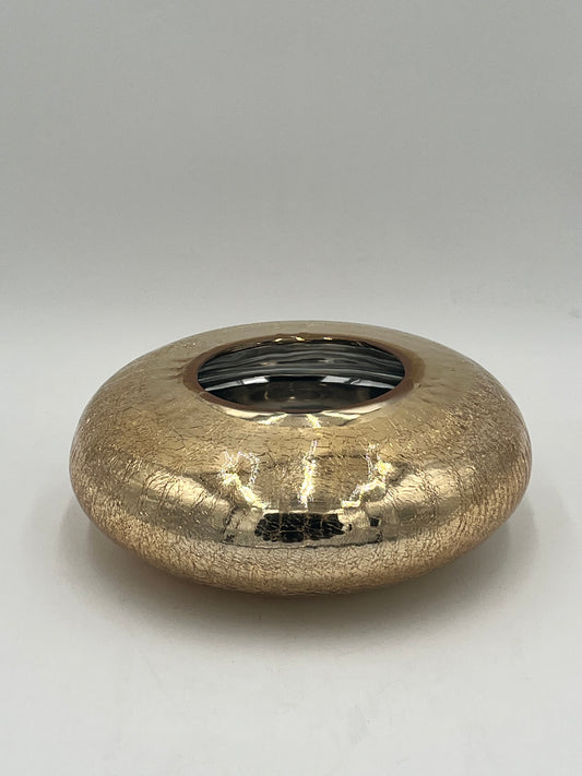 The Velantura 3.5x4 Op vase by Floral Supplies Point features a round, flat shape with a small central opening, cracked textured surface, and glossy gold finish—perfect as a stunning accent on any plain white background.