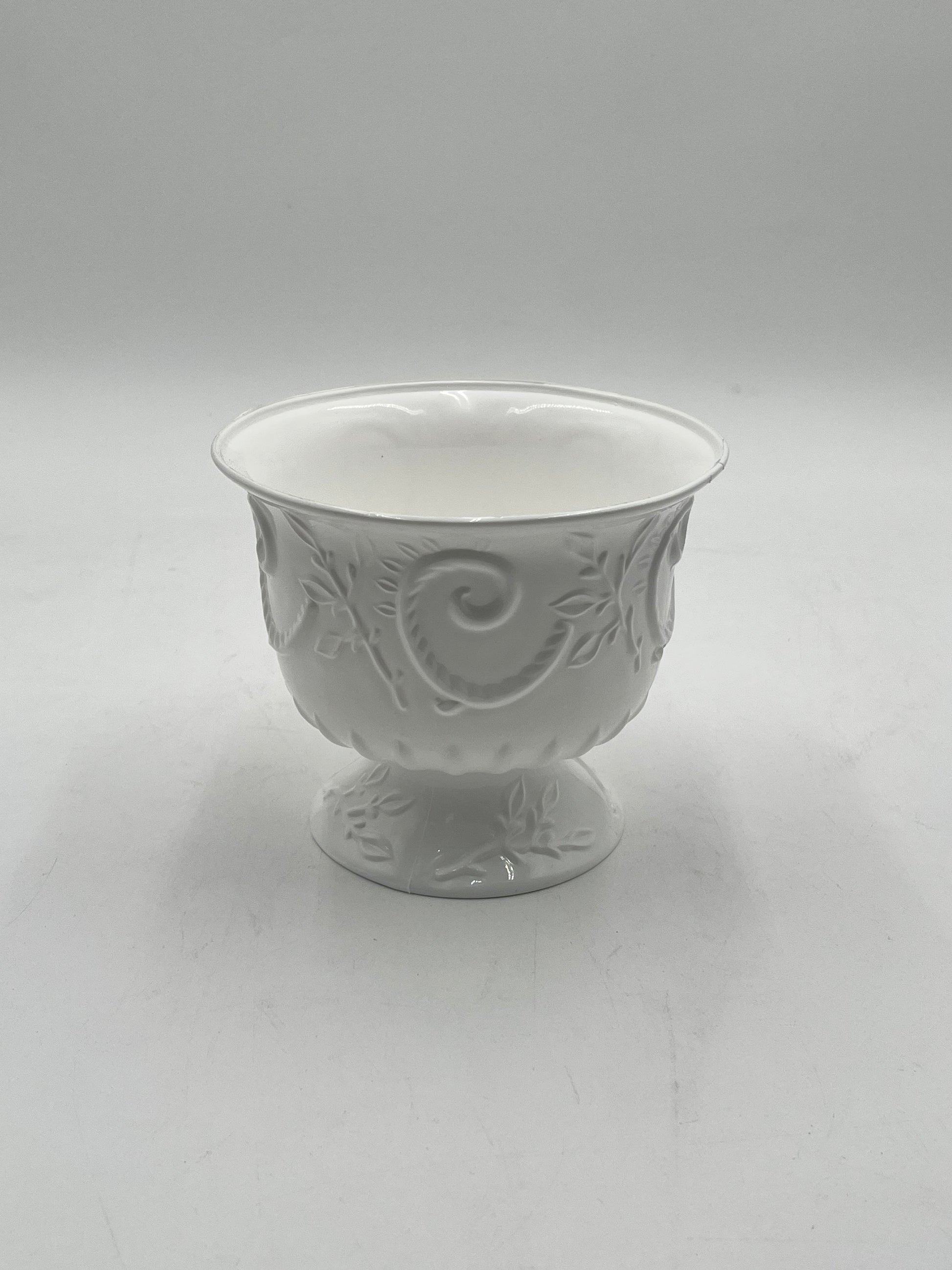 White Empress Urn small. Elegant scrollwork pedestal urns for floral designs, décor, centerpieces or events- sold by floralsuppliespoint1.com