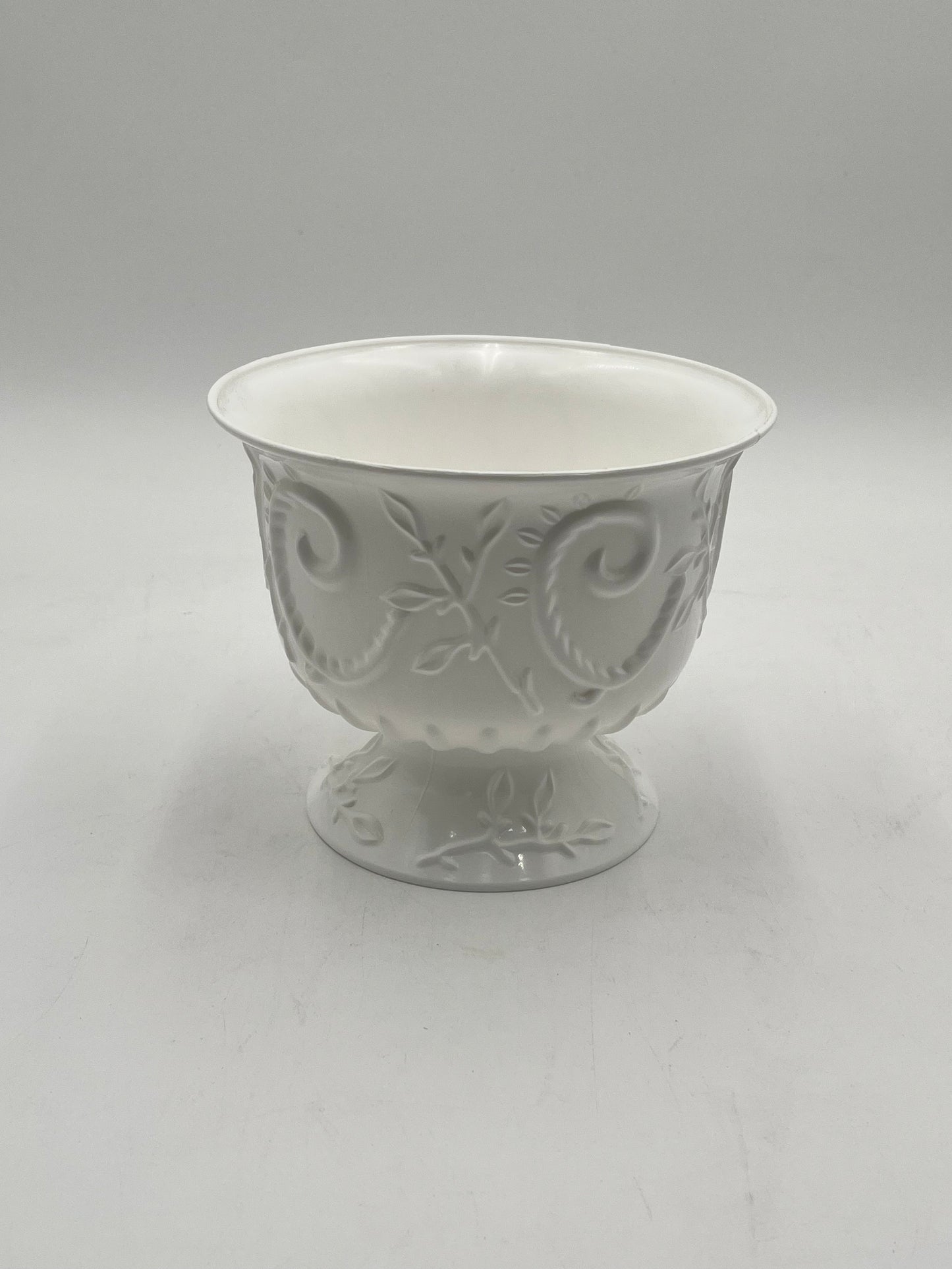 White Empress Urn medium. Elegant scrollwork pedestal urns for floral designs, décor, centerpieces or events- sold by floralsuppliespoint1.com